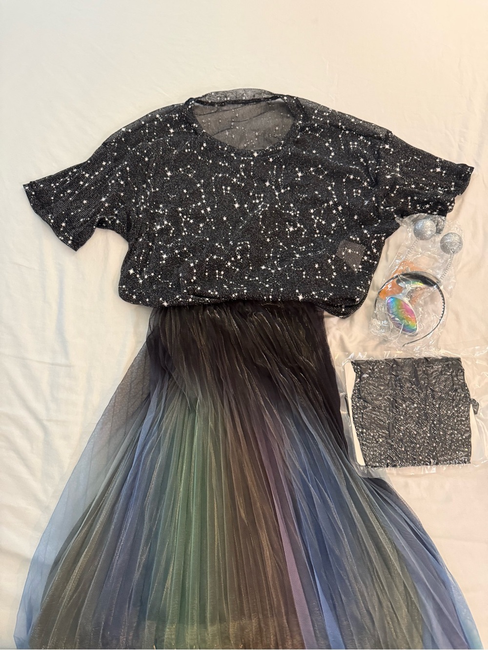 Adult Women’s Plus Size Cosmic Costume Sparkle Star Tee, Tulle Skirt, Tights